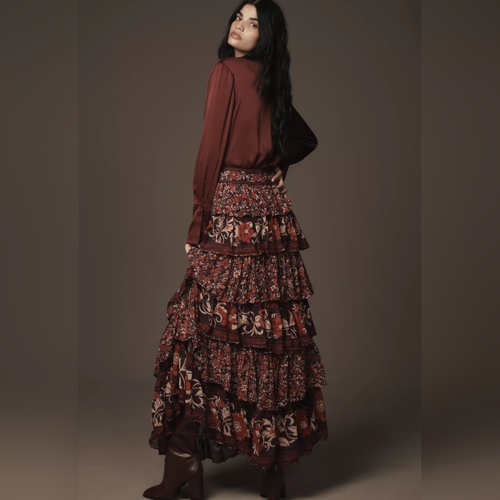 Farm Rio Chelsea Garden Ruffle Midi Skirt in Large Size - Picture 5 of 12